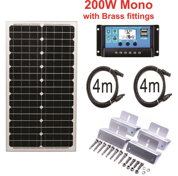 Solar Panel 200 Watt 12-36 Volt  Monocrystalline Controller Z Brackets Cables