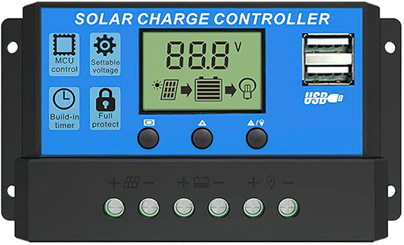 Solar Panel Charge Controller & Regulator 12V/24V auto dual USB 30A Battery PWM