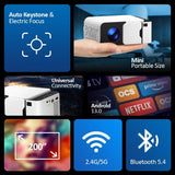 Mini Smart Projector Android  1080P & 4K Support, Electric Focus WiFi  Bluetooth