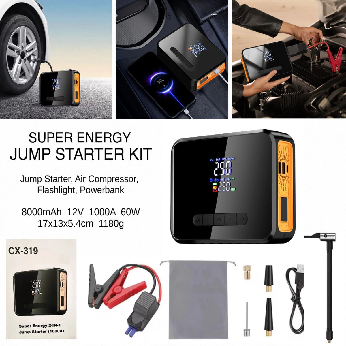 4in1 Jump Starter  Air Compressor  USB Power Bank  FlashLight  Multipurpose