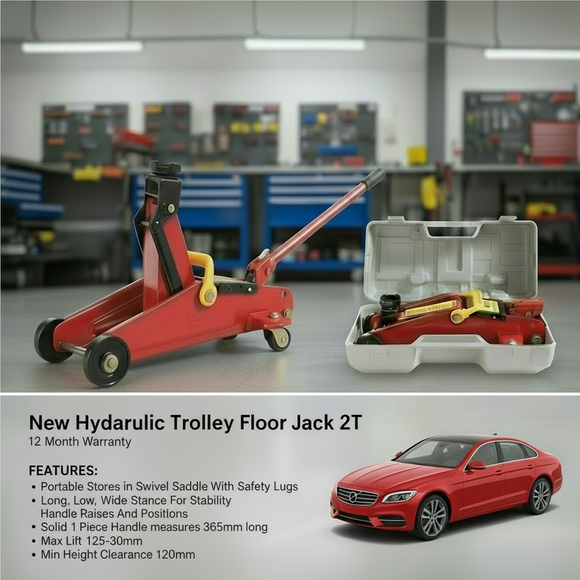 Hydraulic 2T trolley floor jack with carrying case.